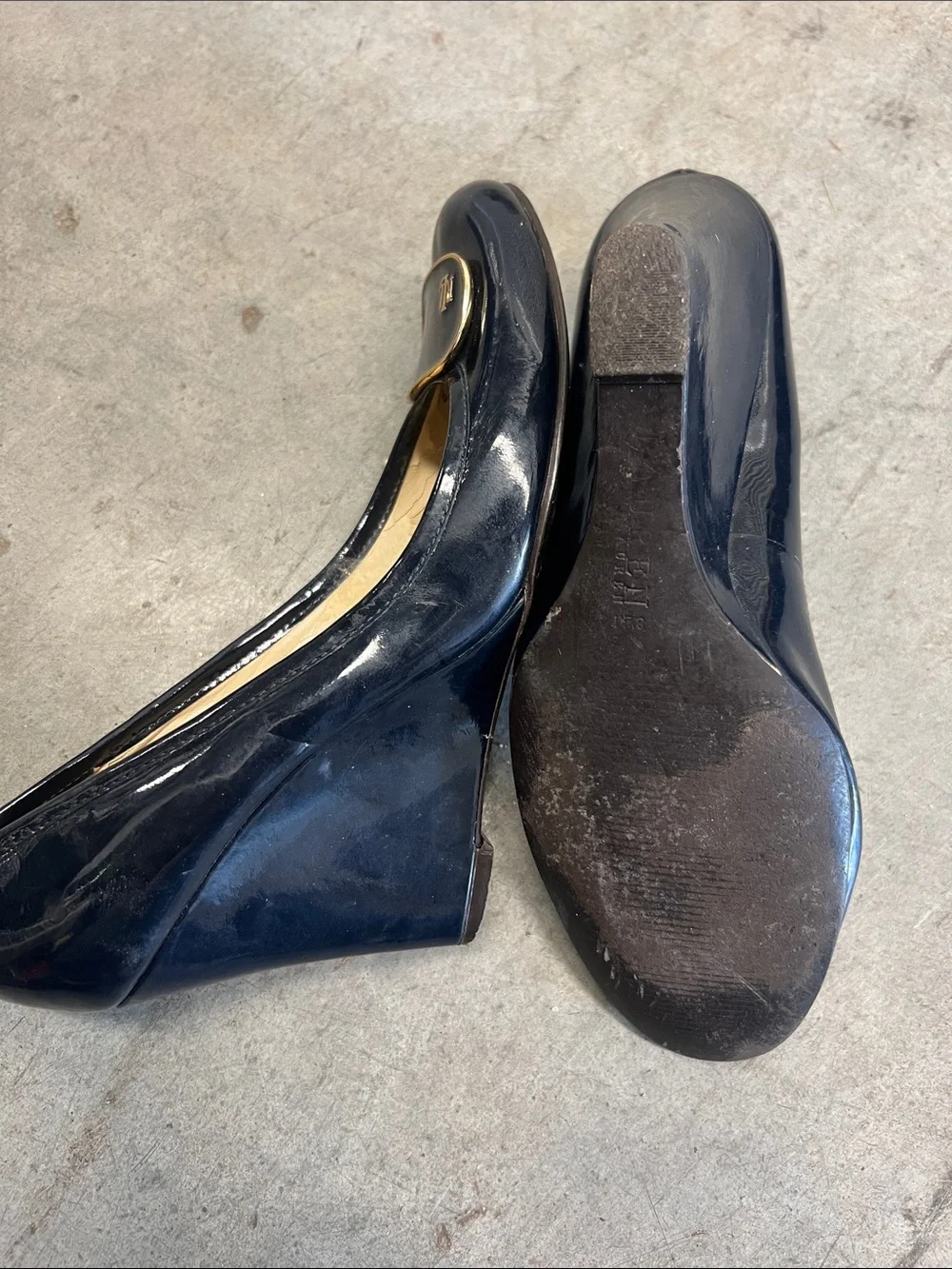 Ralph Lauren Navy Patent Leather Pumps with Gold RL Medallion